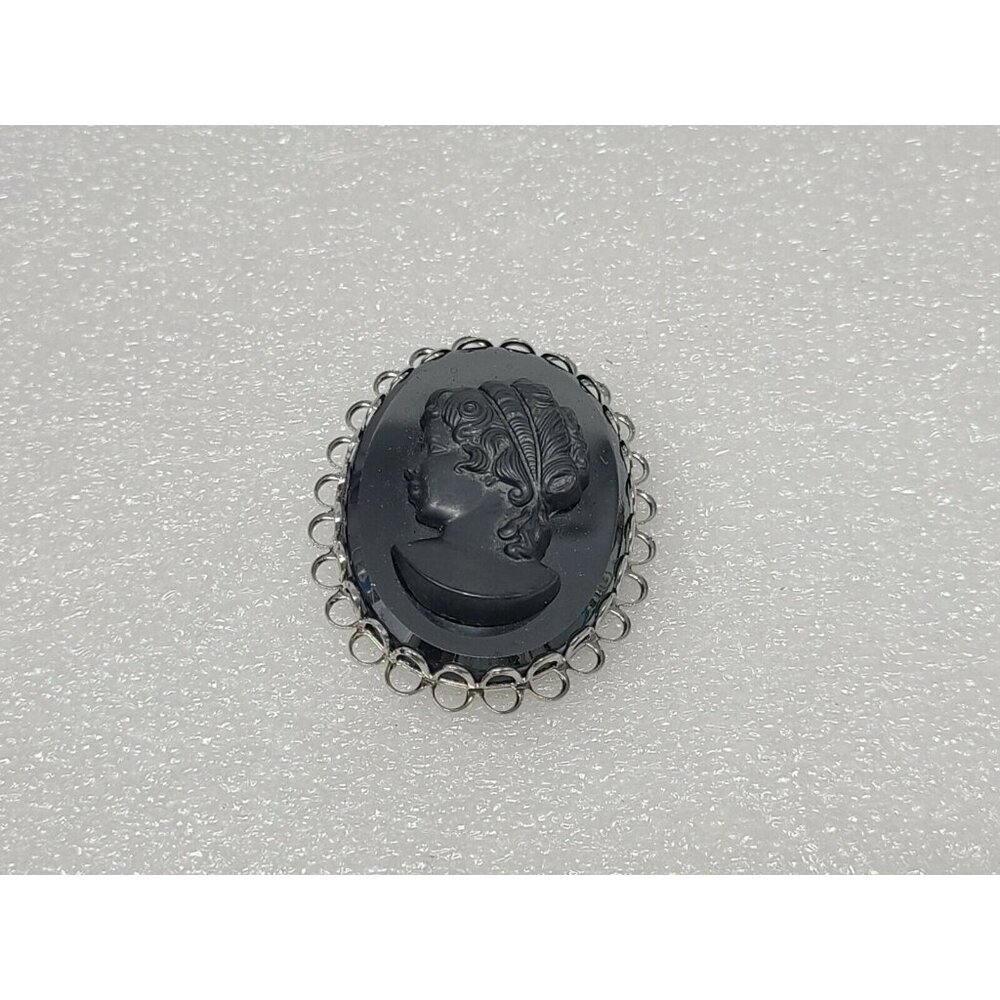 Vintage Silver Tone / Black Cameo Brooch Pin